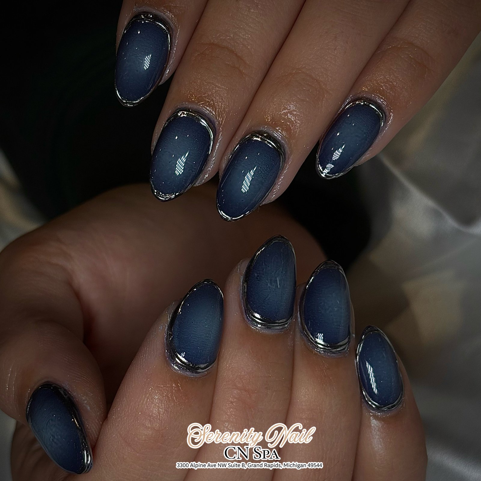 Glossy Navy Almond Nails