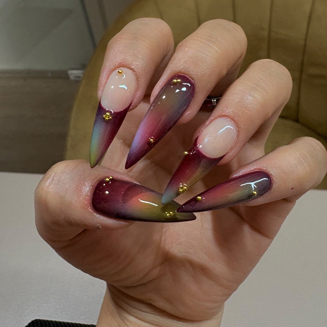 Pink and Plum Aura Nails with Gold Details