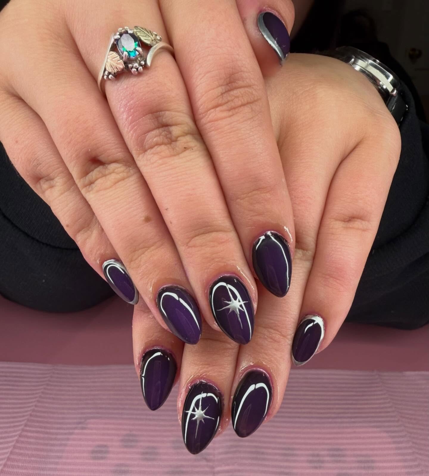 Dark Purple Almond Nails with White Line Accents