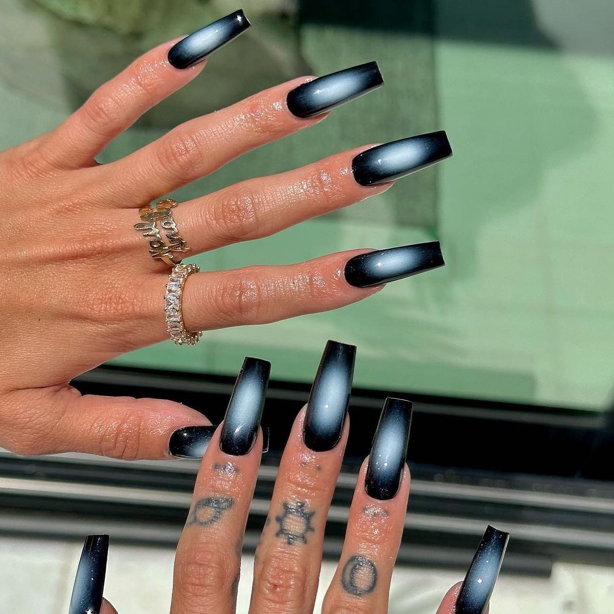 Blue-Black Chrome Stiletto Nails