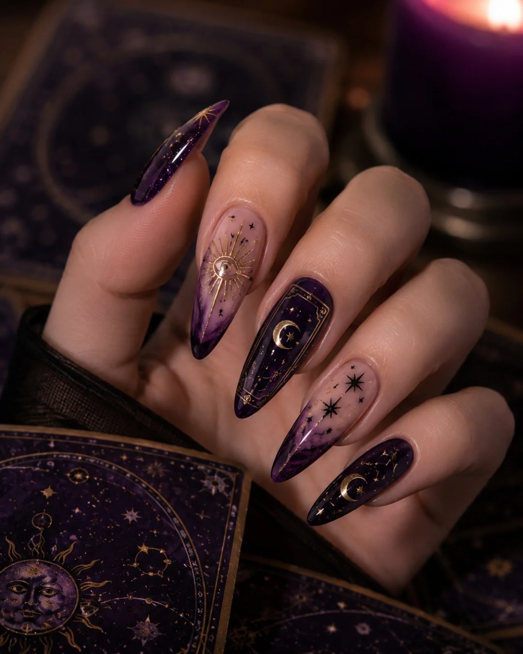 Dark Purple Illustrated Almond Nails