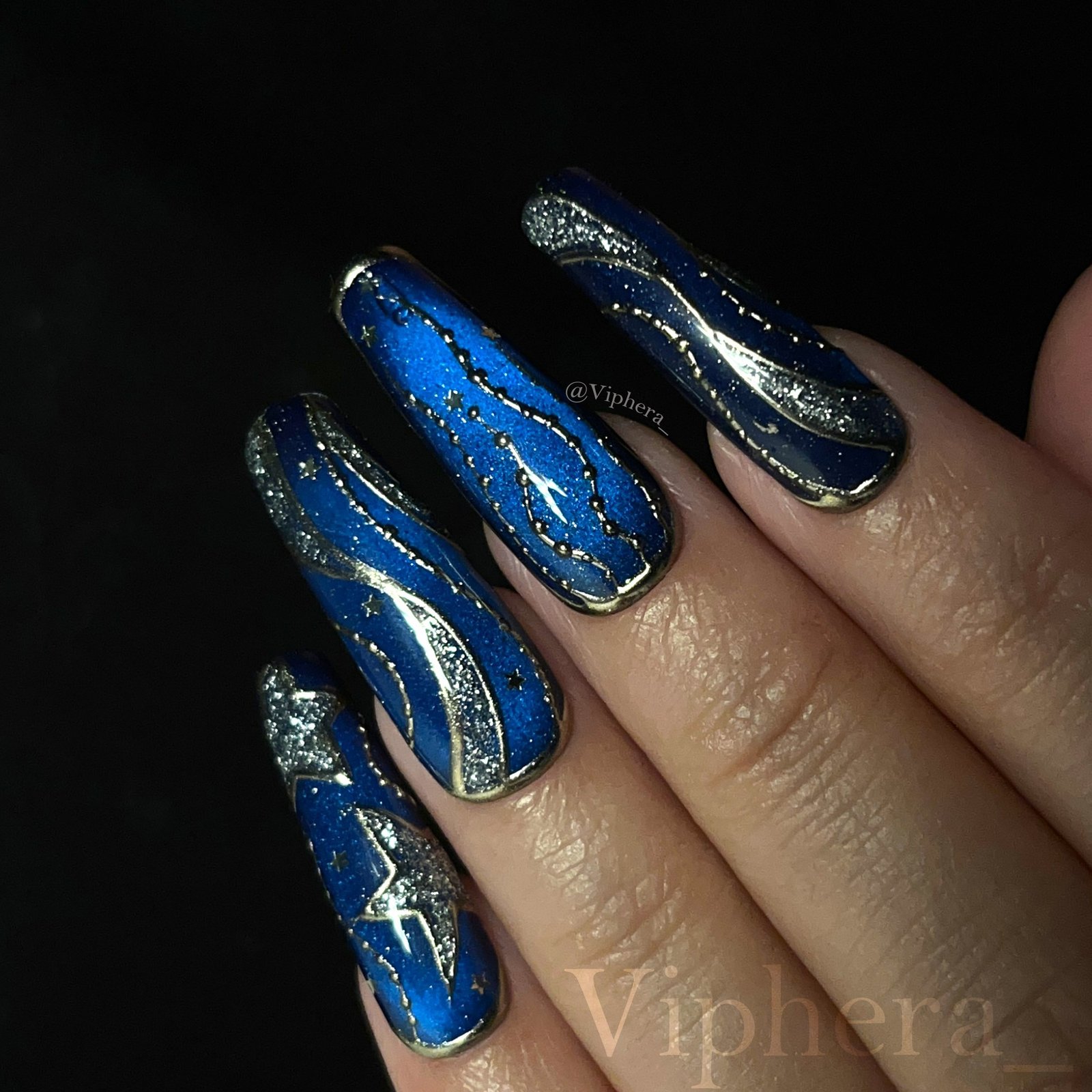Electric Blue and Silver Embellished Nails