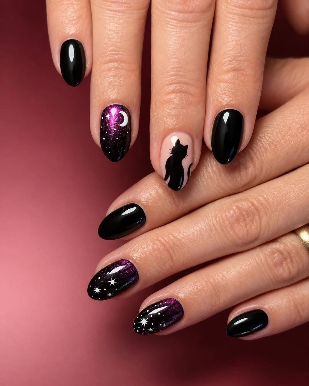 Black Nails with Purple and White Accents
