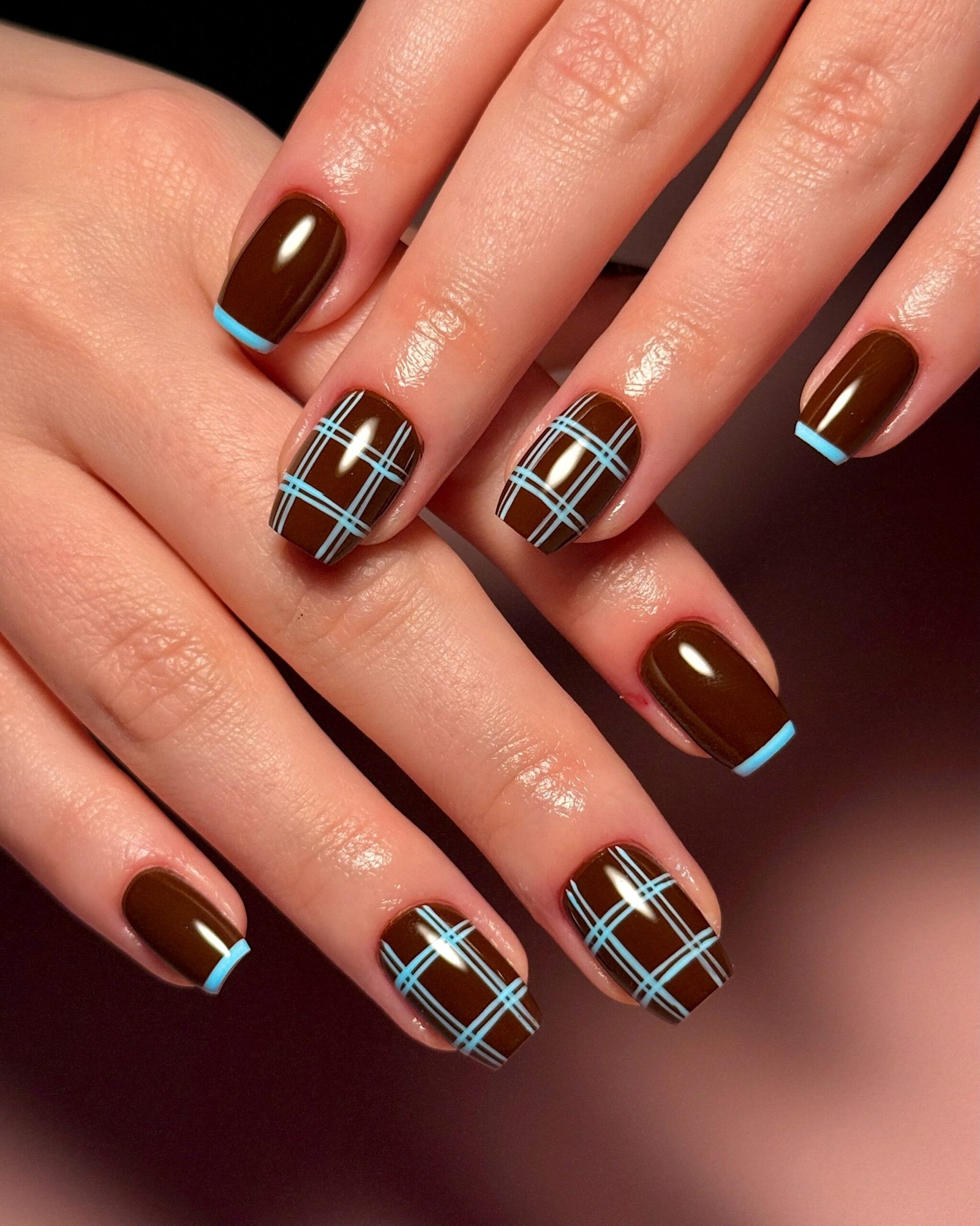 Chocolate Brown Nails with Teal Micro Tips and Plaid Accents