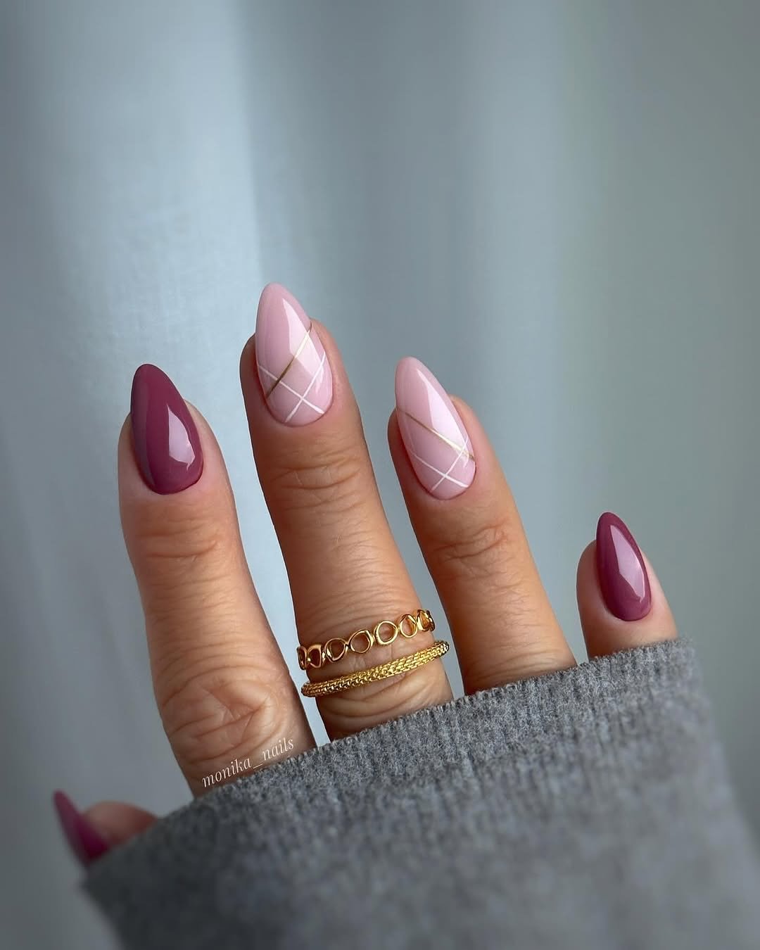 Blush Almond Nails with Burgundy Tips and Fine Lines
