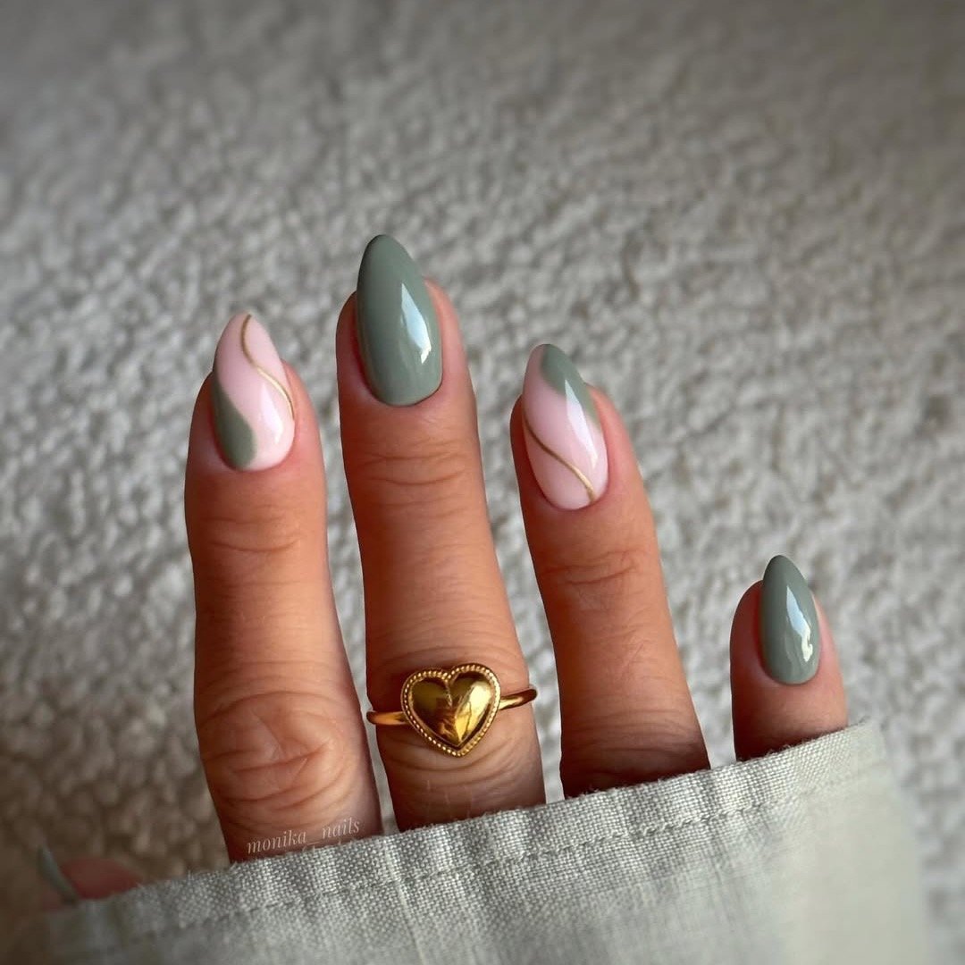 Sage Green and Burgundy Tips with a Gold Heart Accent