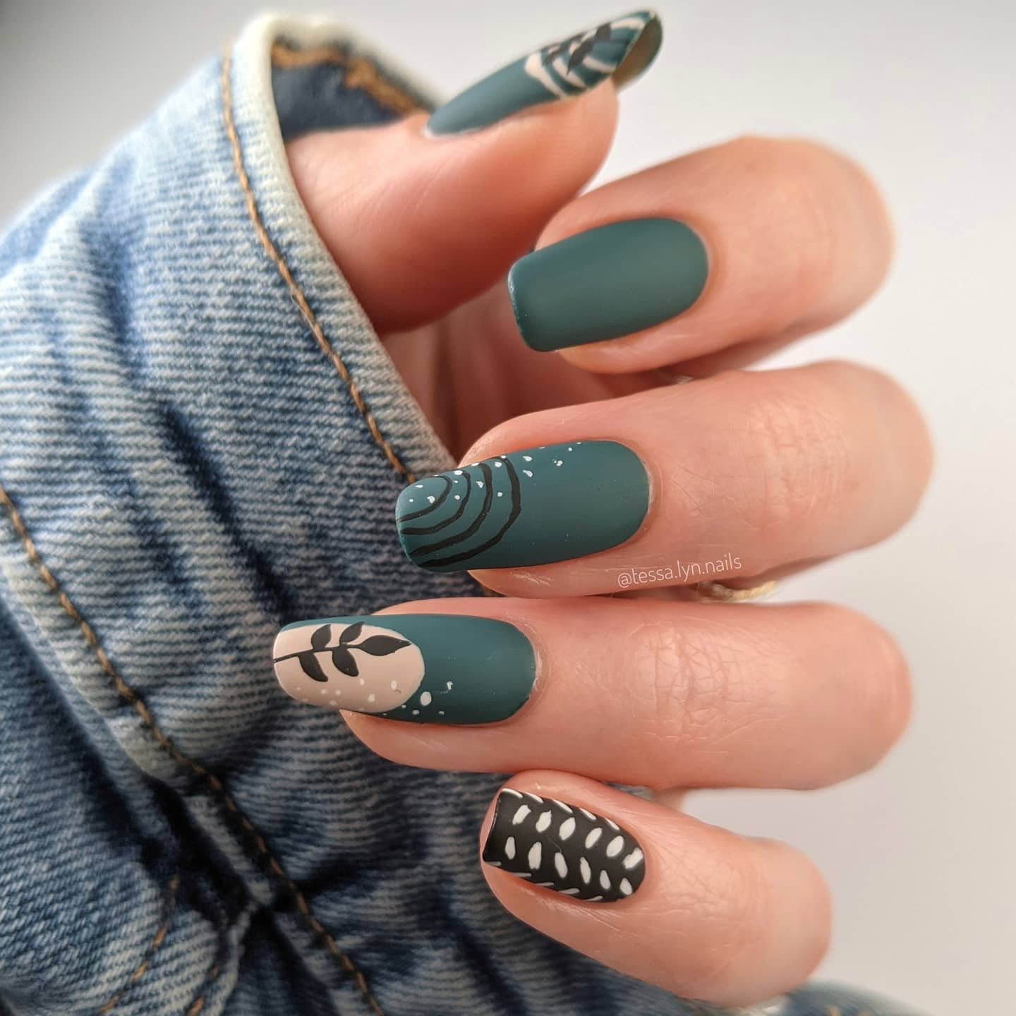Deep Teal Nails with Minimal Cream and Black Graphic Details