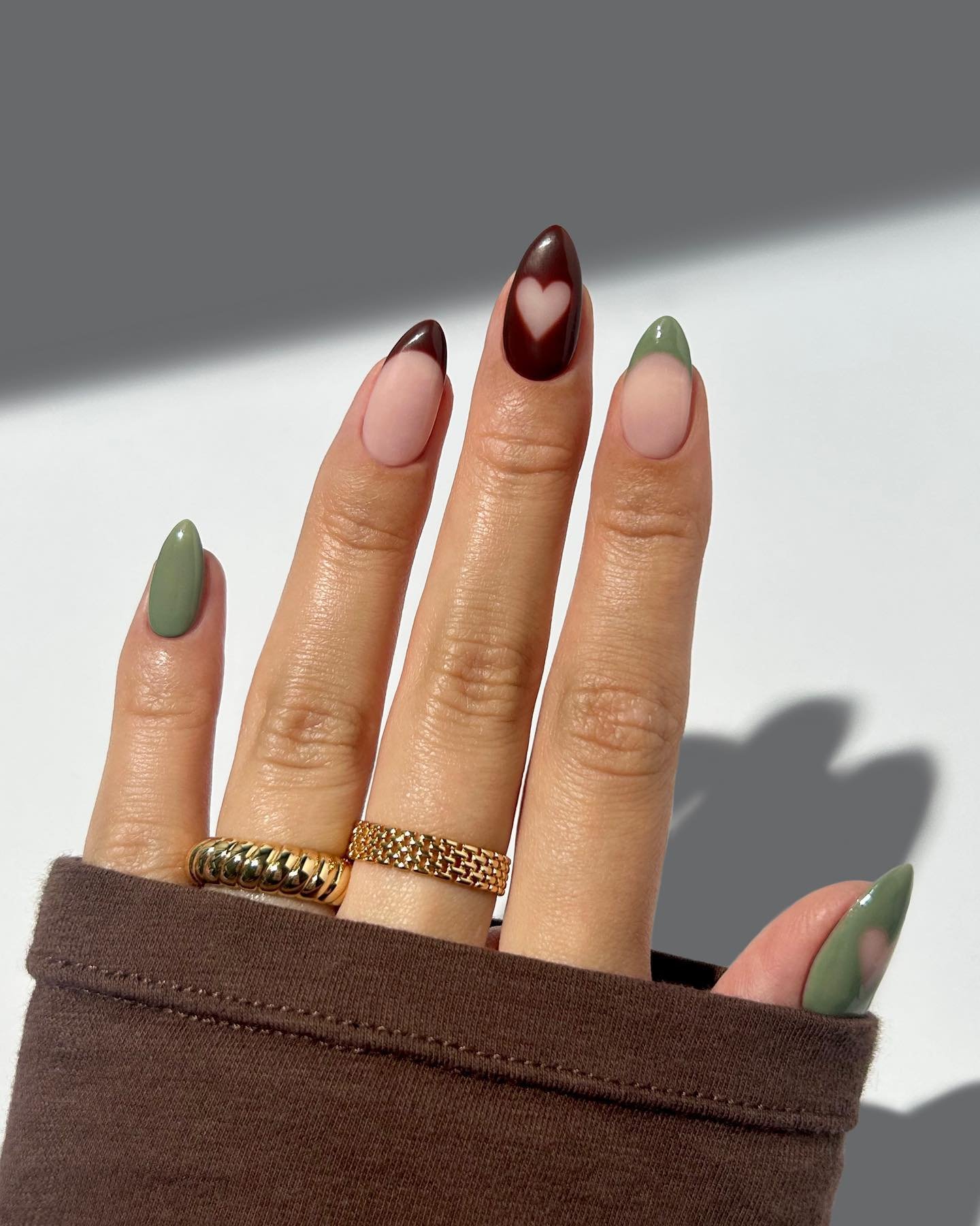 Olive Green and Deep Burgundy Almond Nails