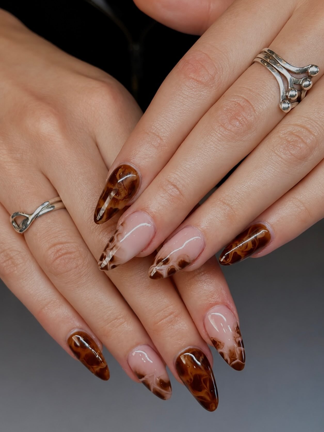 Long Blush Almond Nails with Brown Tortoiseshell Tips