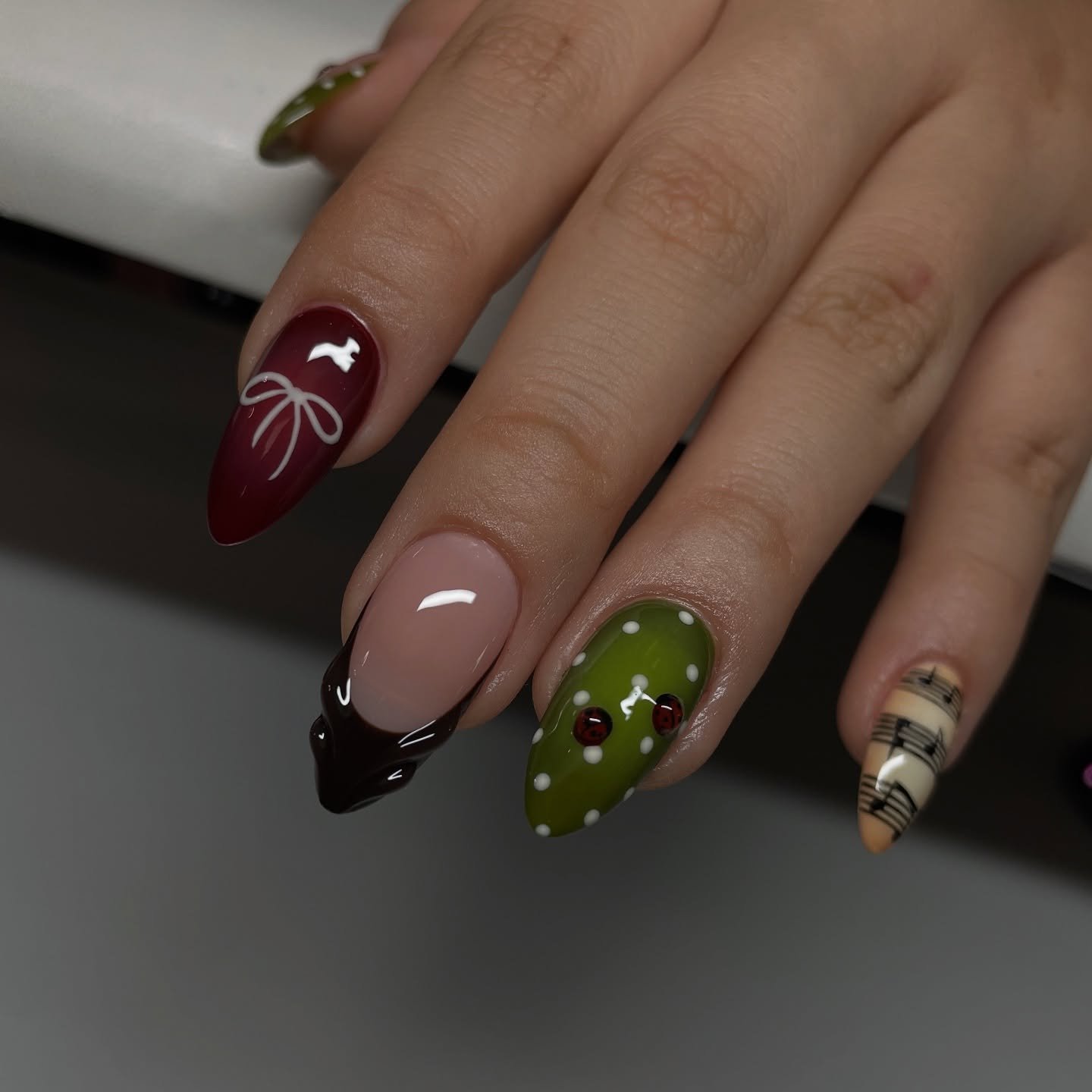 Burgundy, Nude, Olive, and Black Mixed Nails