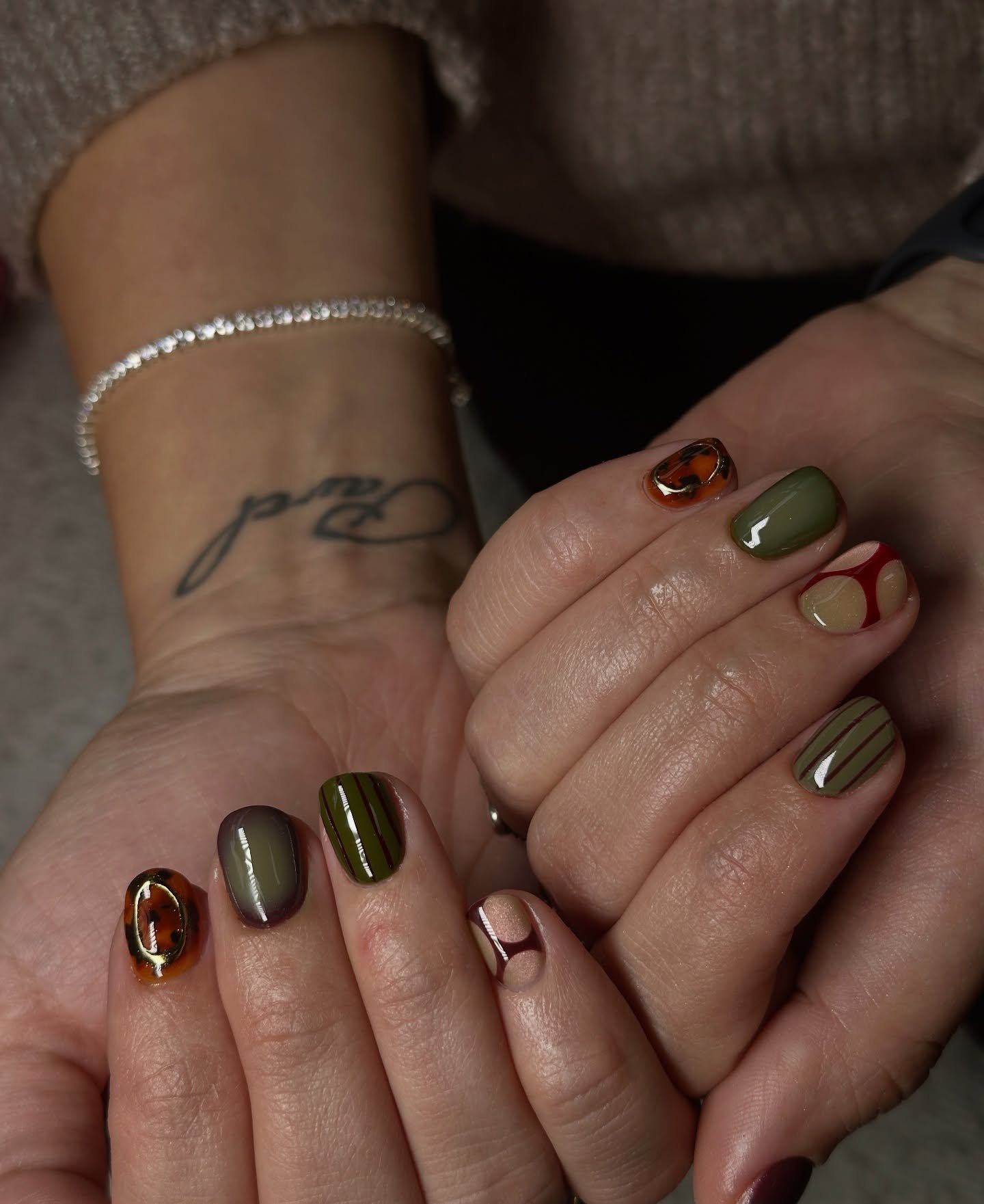 Olive Green and Brown Short Rounded Nails