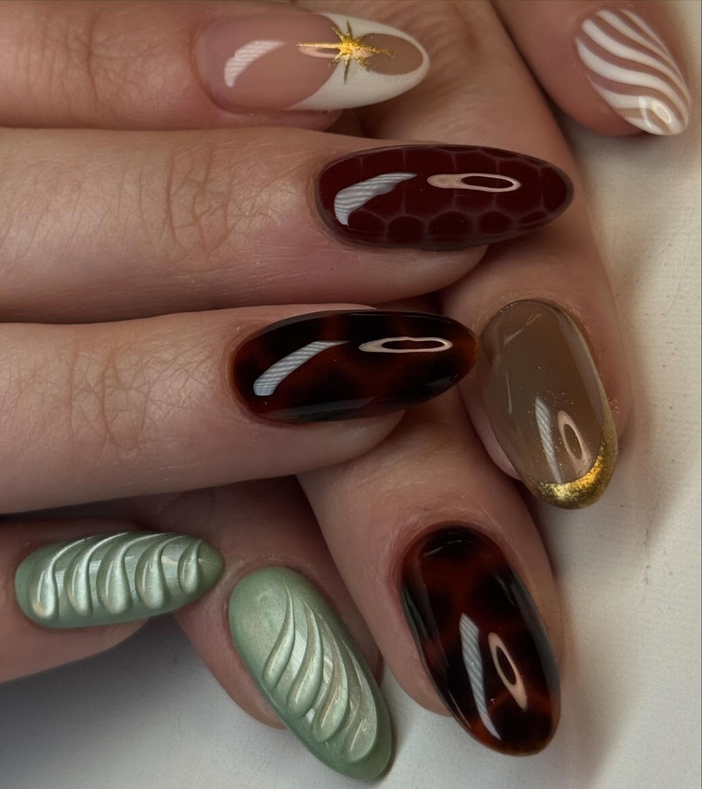 Brown, Cream, and Olive Mismatched Nails