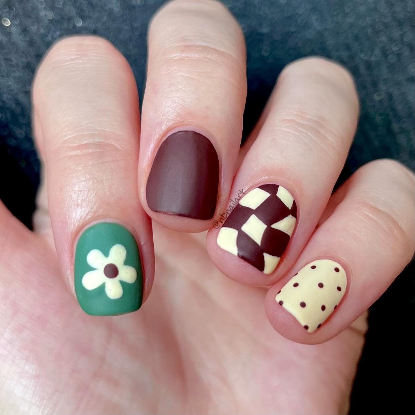 Green, Burgundy, Cream, and Polka-Dot Short Nails