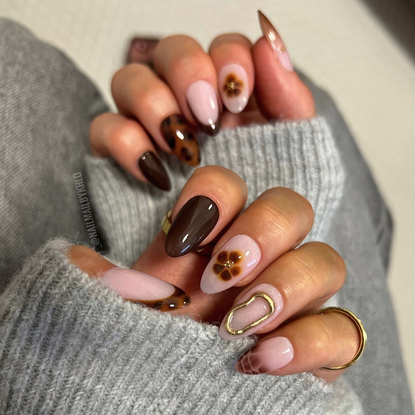Brown, Nude, and Pink Mismatched Almond Nails