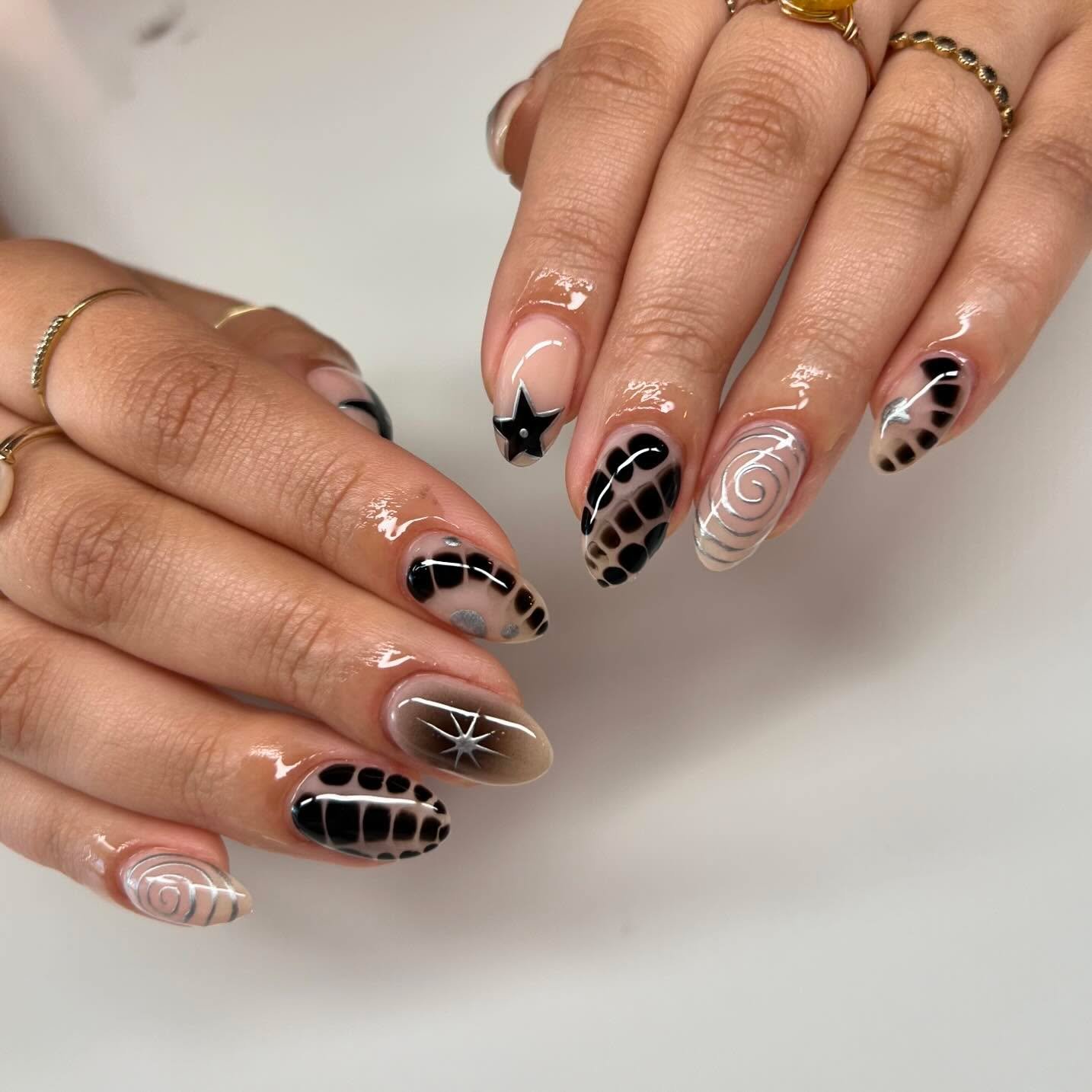Nude Almond Nails with Black Leopard and Line Details