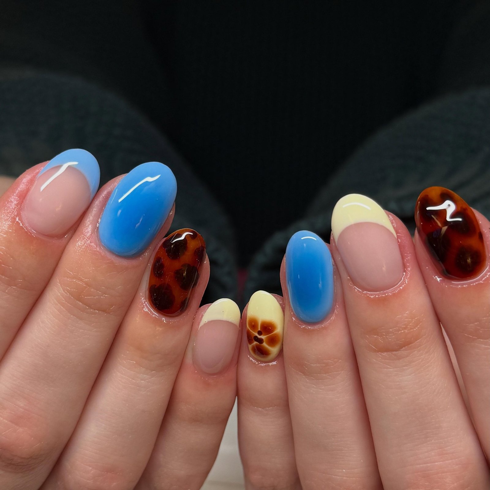 Blue, Pink, Yellow, and Brown Mismatched Short Nails