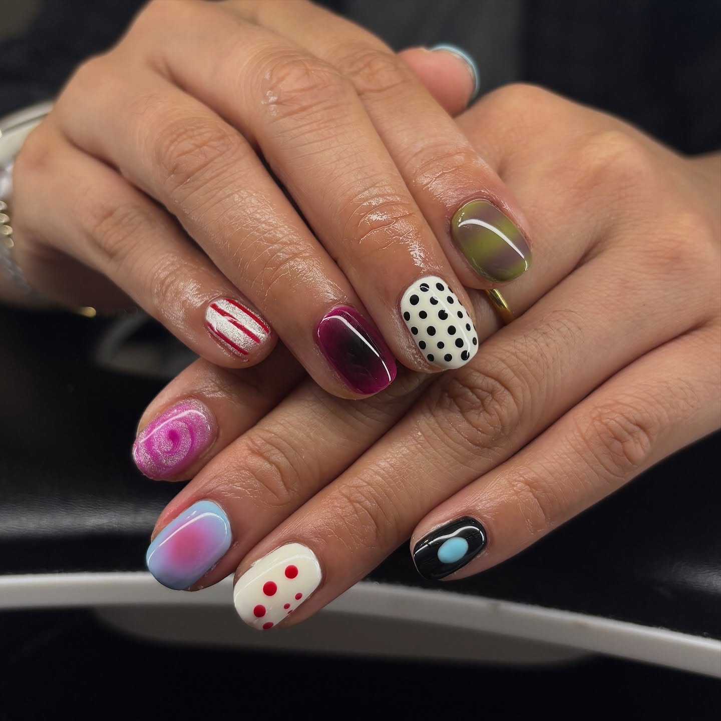 Pink, Burgundy, Green, and White Mixed Nails