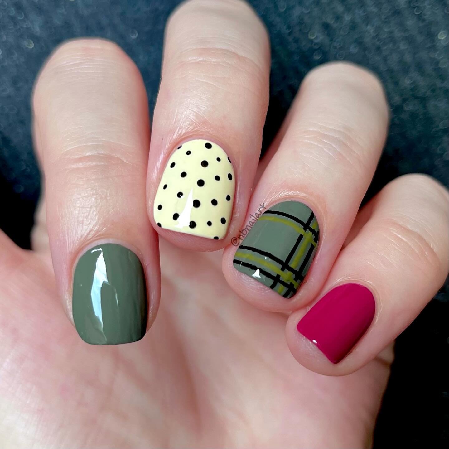 Green, Cream, and Pink Short Nails with Graphic Patterns