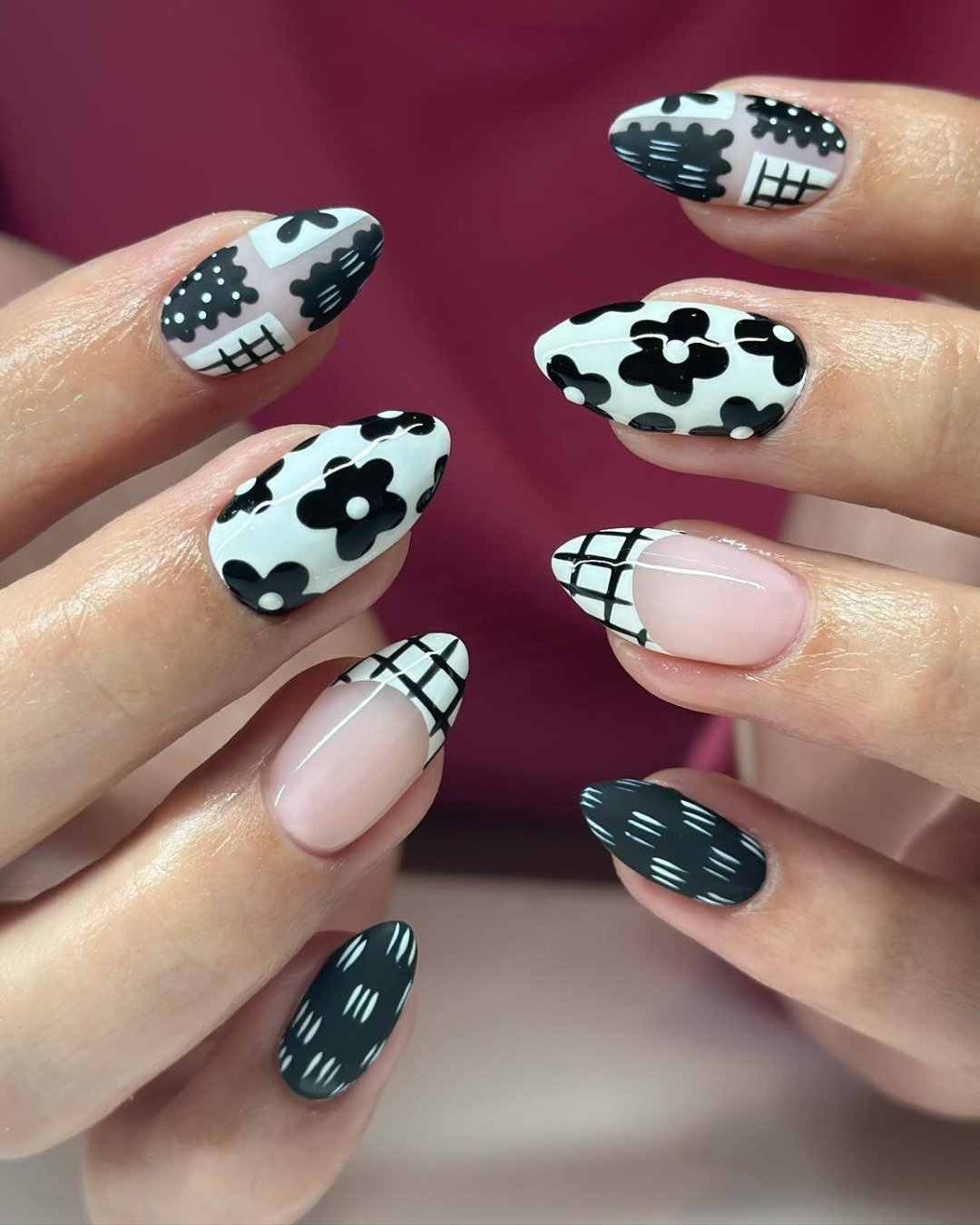 Black, White, and Gray Cow-Print Mismatched Nails