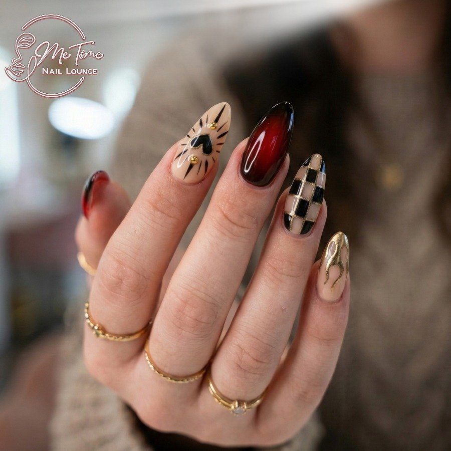 Cream, Red, Black, and Leopard-Print Almond Nails