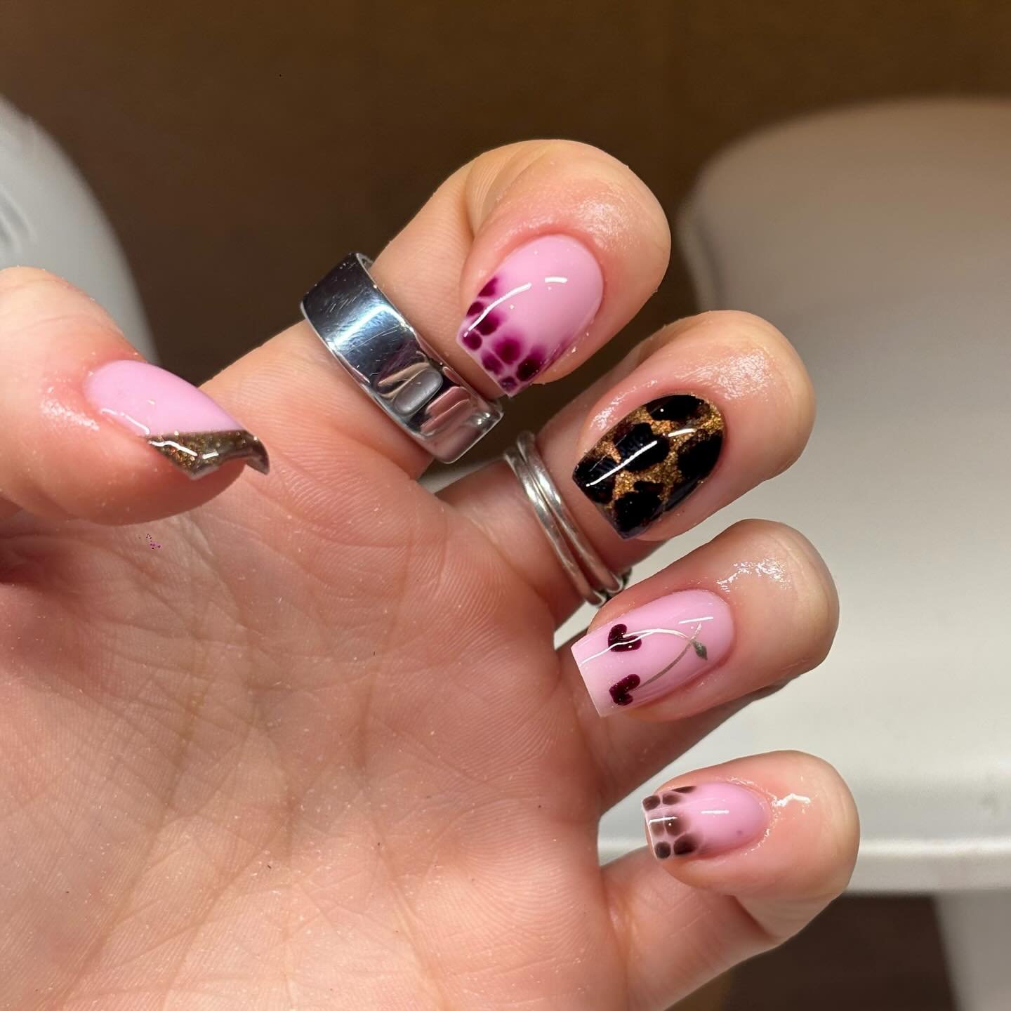 Pink Short Nails with Black and Gold Mini Details