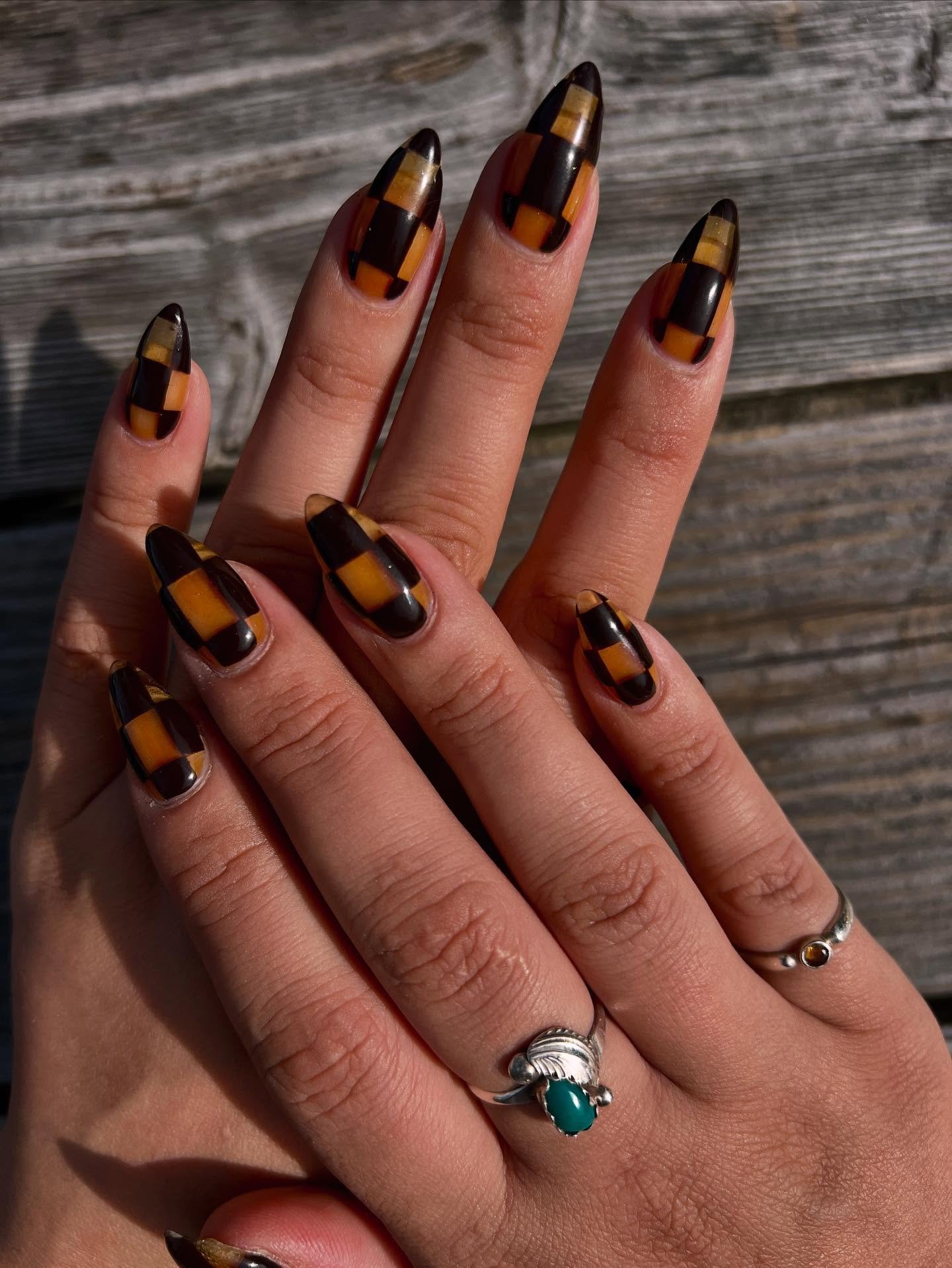 Brown and Black Almond Nails with Tortoiseshell-Like Sections