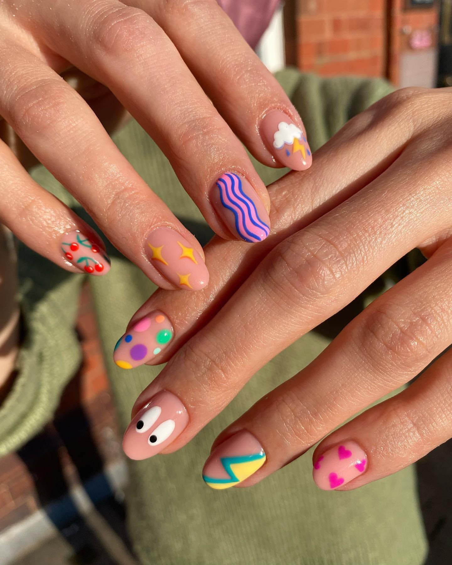 Bright Multicolor Short Nails with Playful Graphics