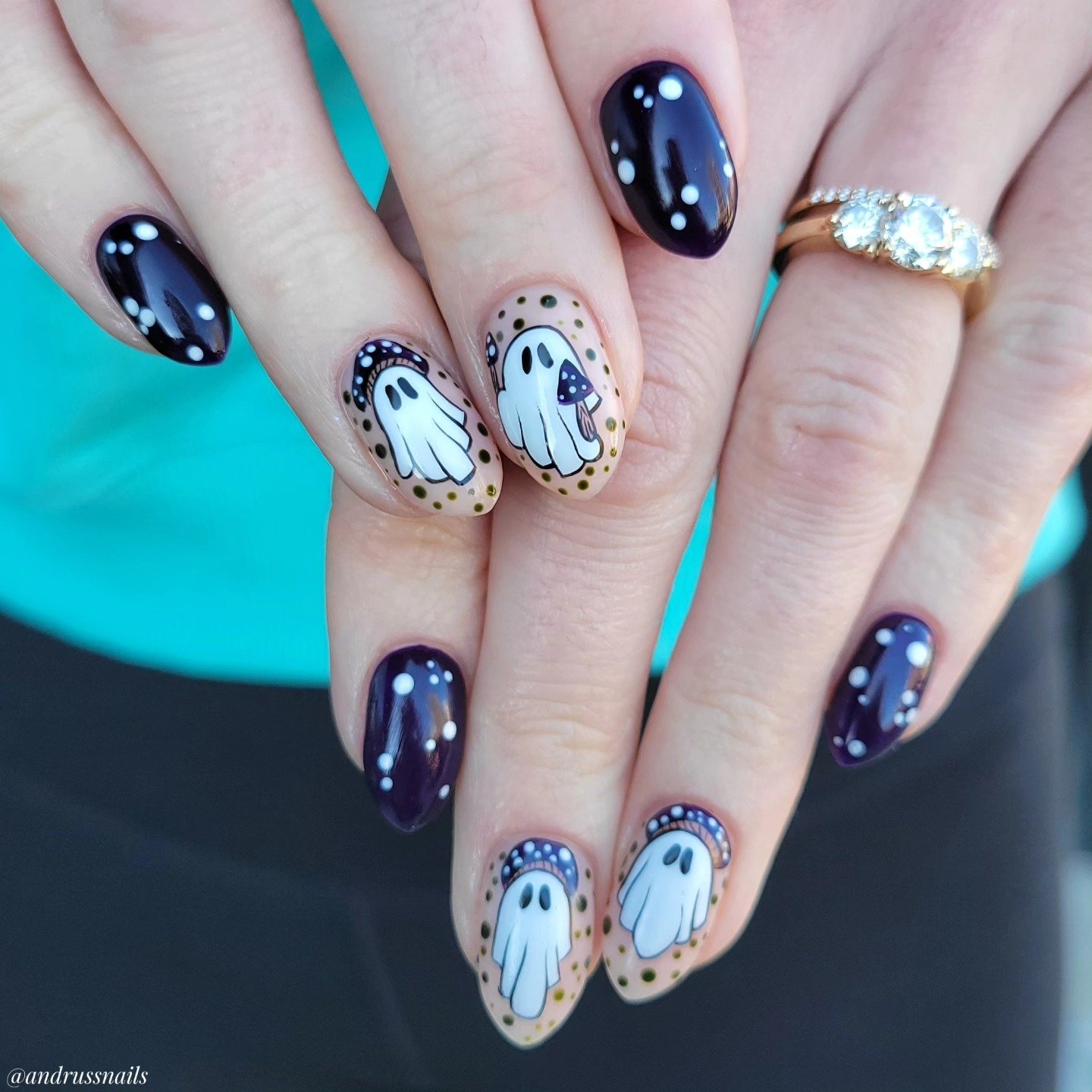 Glossy Navy Nails with White Ghost Details