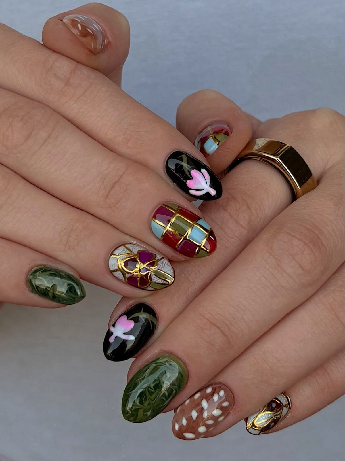 Mixed Autumn Nails with Green, Brown, and Plaid Accents