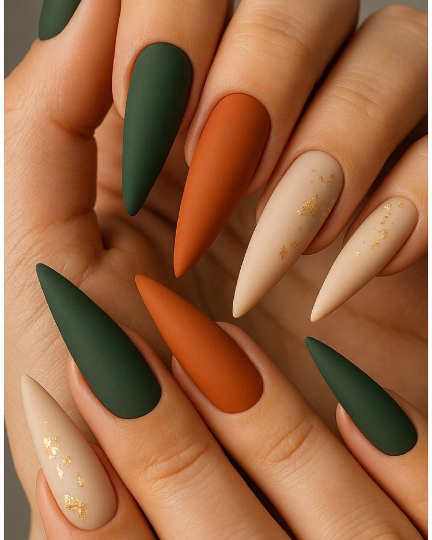 Matte Olive, Orange, and Cream Stiletto Nails