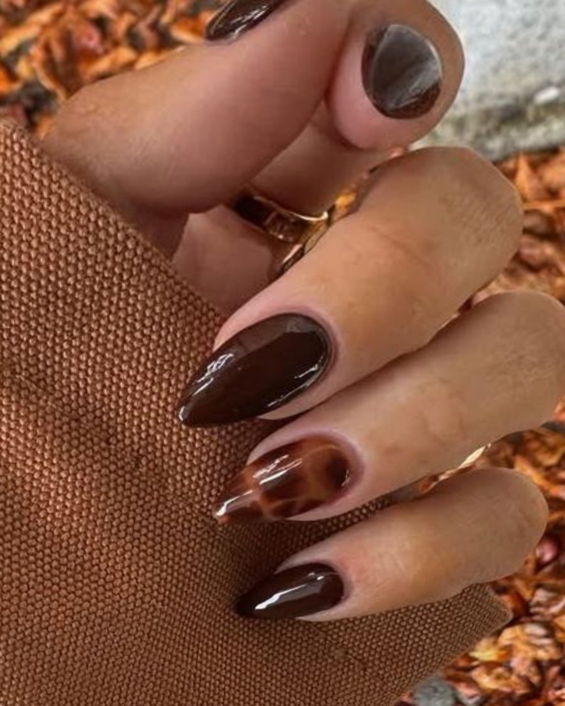 Glossy Chocolate Brown and Copper Almond Nails