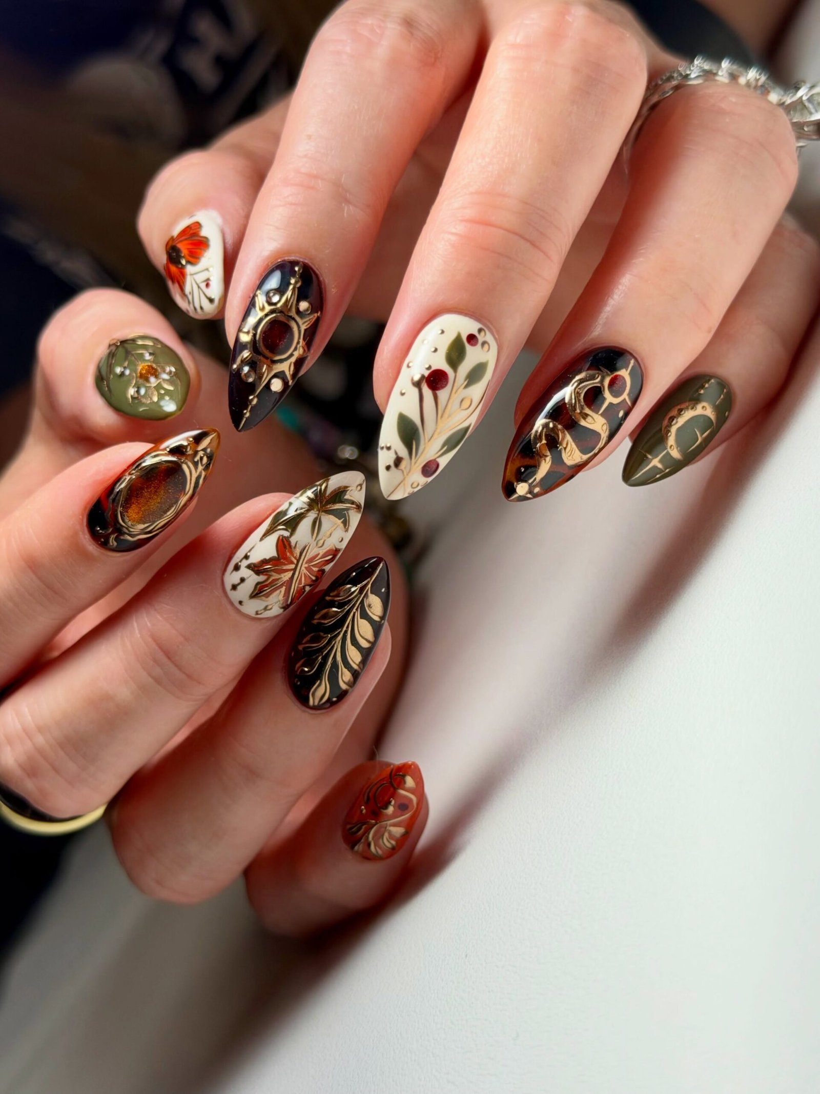 Autumn Botanical Nails with Cream and Dark Accents