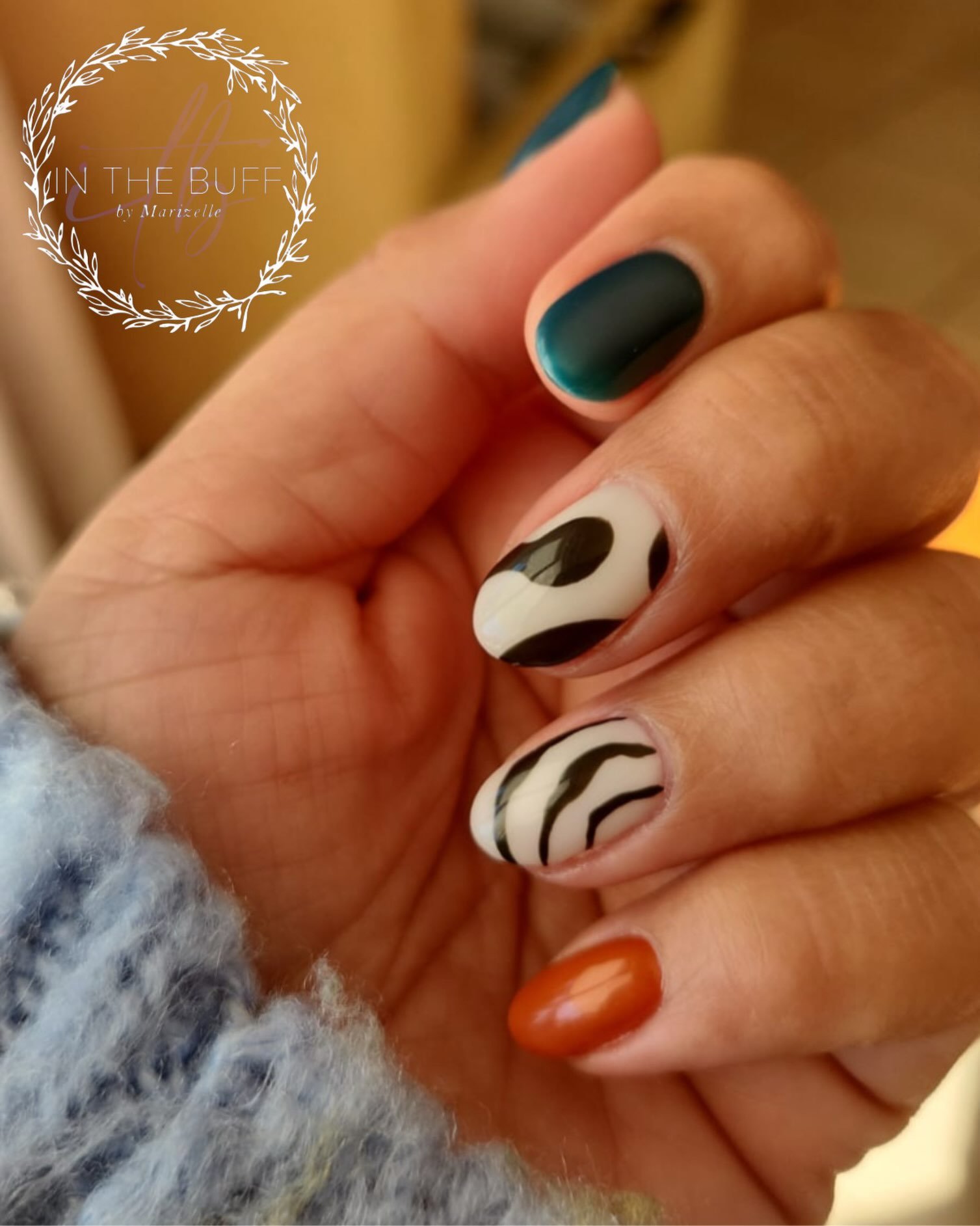Matte Teal, Cream, and Orange Nails with Curved Line Art