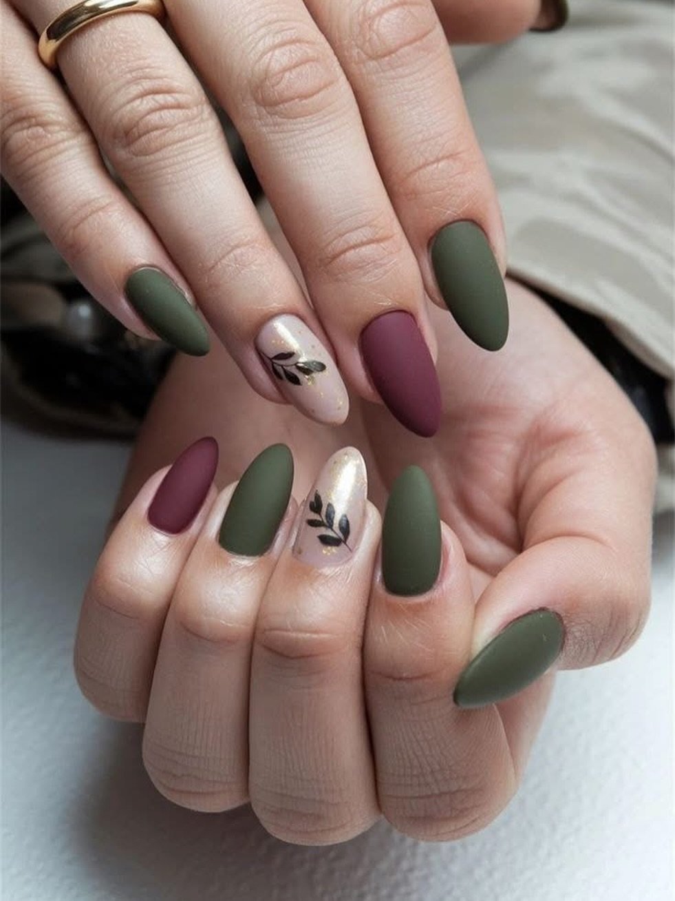 Matte Olive and Mauve Nails with Botanical Accents