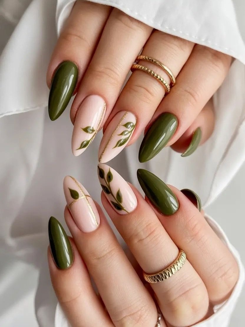 Olive Green Almond Nails with Delicate Botanical Lines