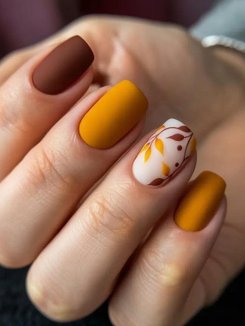 Brown and Mustard Nails with Cream Botanical Art
