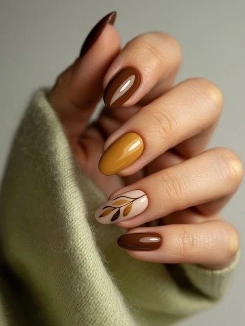 Brown, Mustard, and Cream Almond Nails with Leaf Art