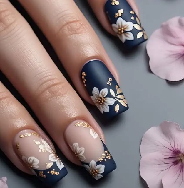 Matte Navy and Nude Nails with White Floral Art