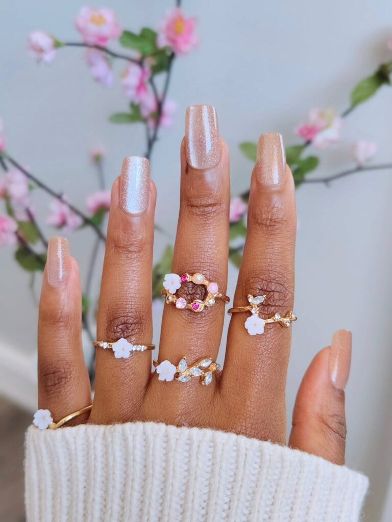 Long Almond Moonstone Nails with Soft Blue-Pink Iridescence