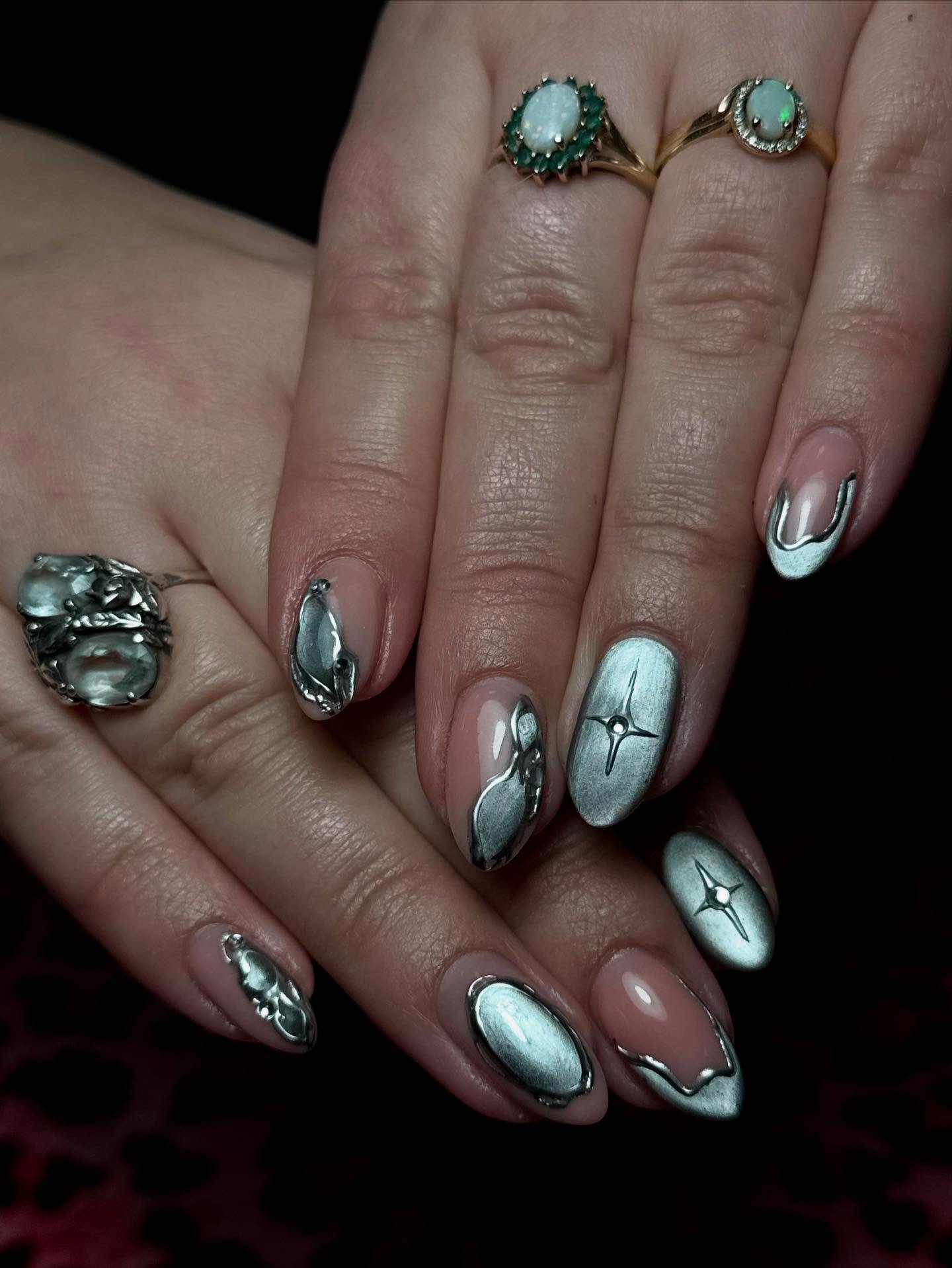 Dark Almond Moonstone Nails with Teal Reflective Accents