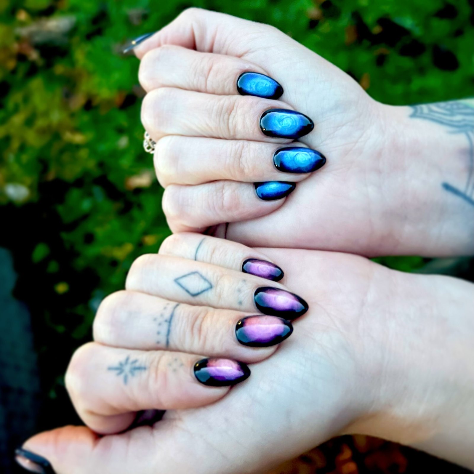 Stiletto Moonstone Nails in Blue, Purple, and Pink