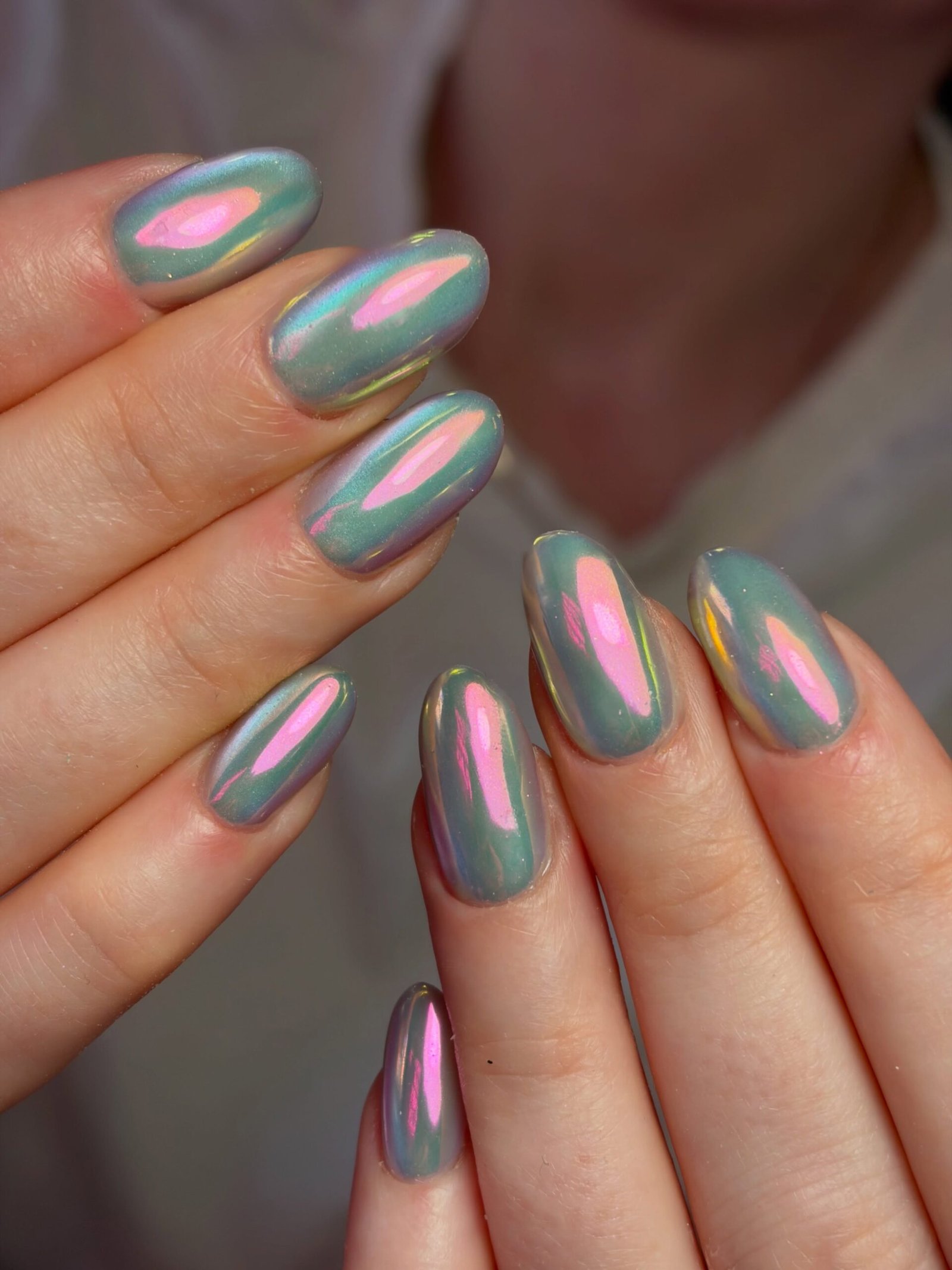 Medium Almond Nails with Pink and Blue Chrome Shifts