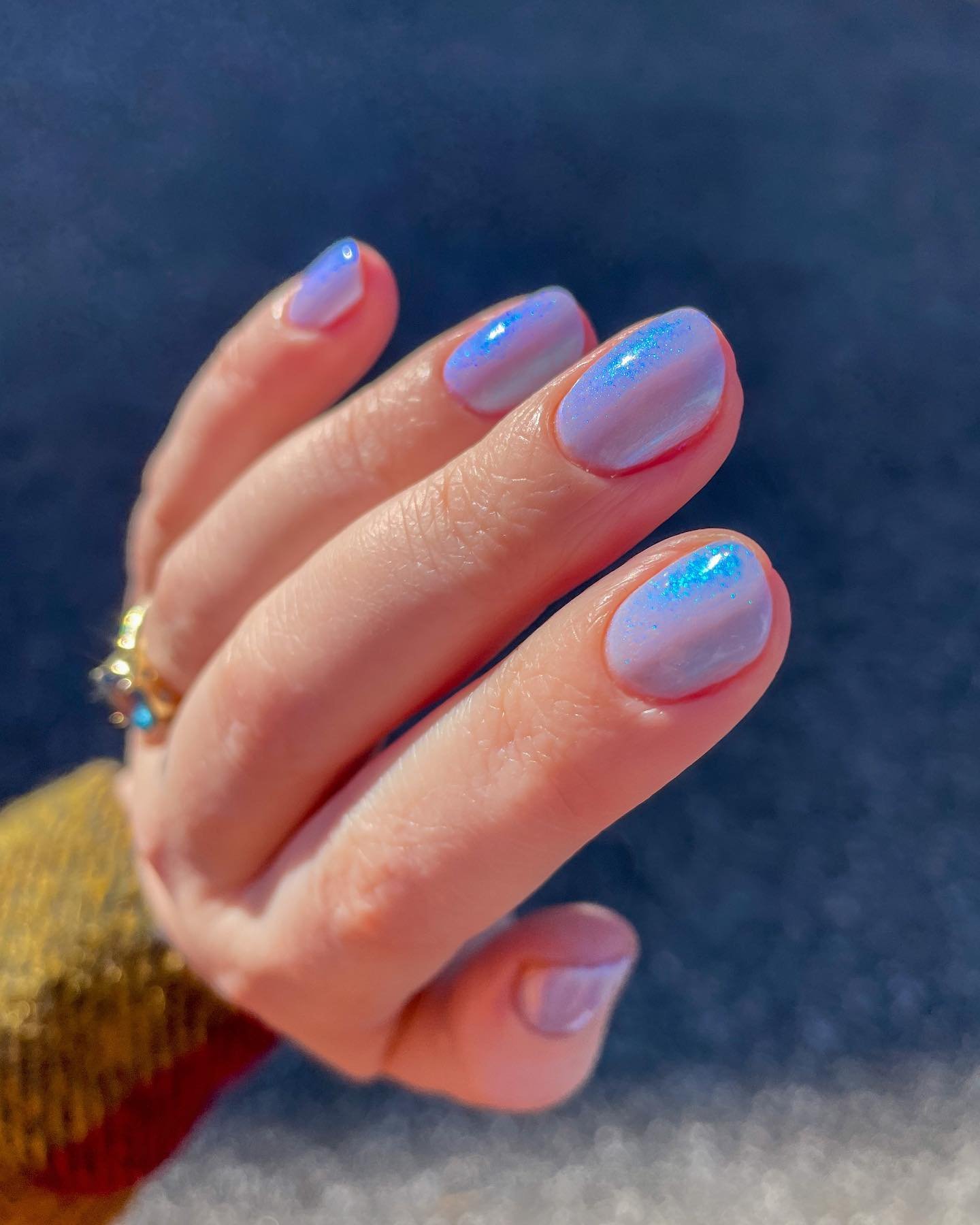 Medium Almond Nails with Pink and Blue Iridescent Finish