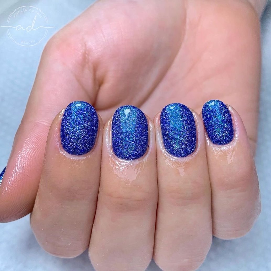 Short Square Blue Glitter Moonstone Nails