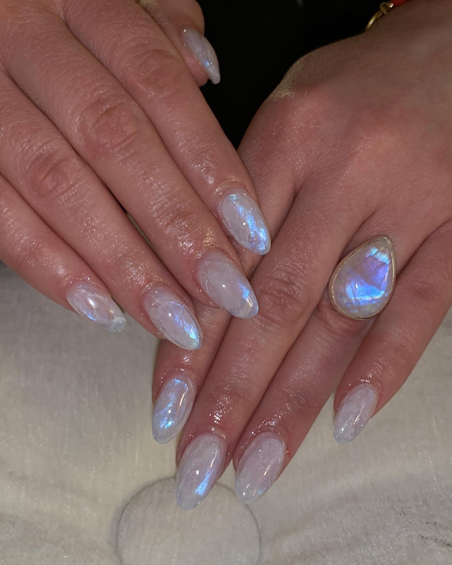 Long Almond Nails with Sheer Iridescent Blue-Pink Finish