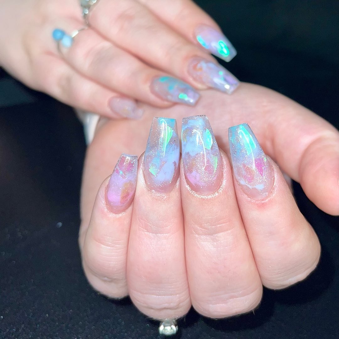 Long Almond Nails with Clear Blue-Lilac Iridescent Tips
