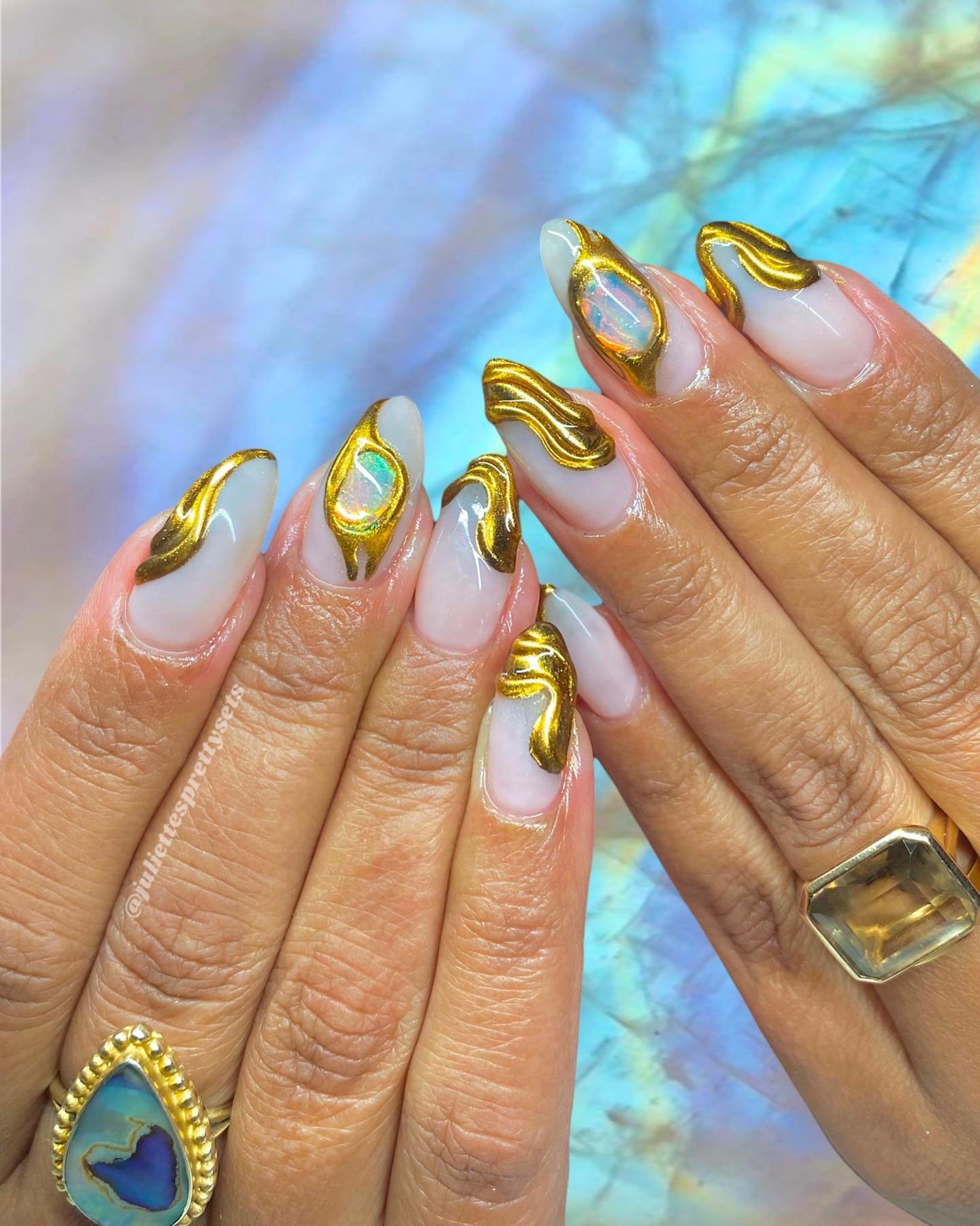 Black Almond Nails with Gold Crescent Moon Accents