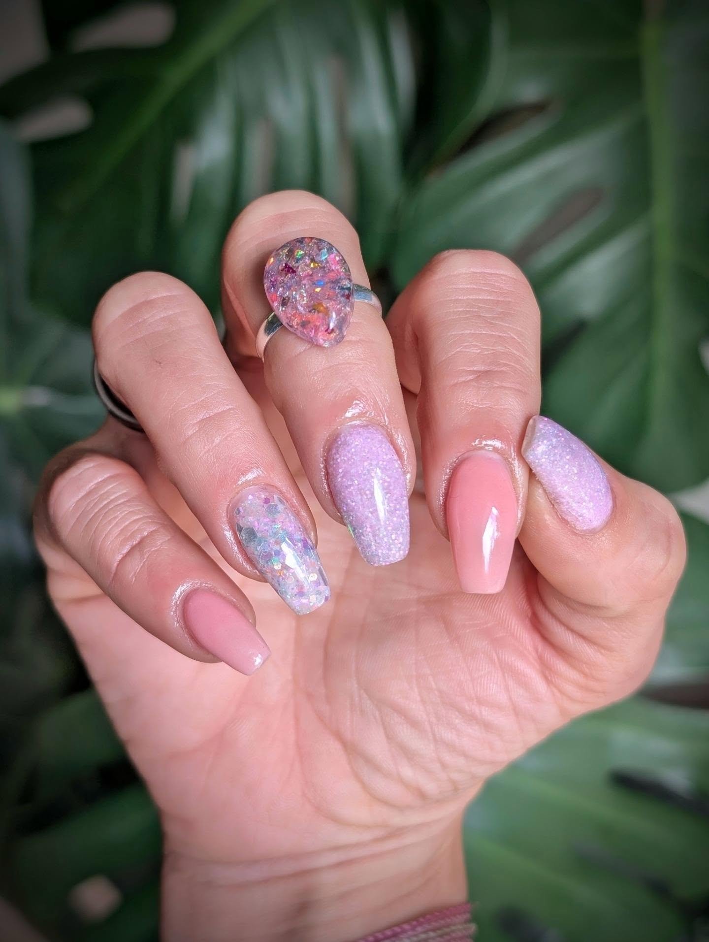 Long Almond Nails with Multicolor Reflective Moonstone Finish