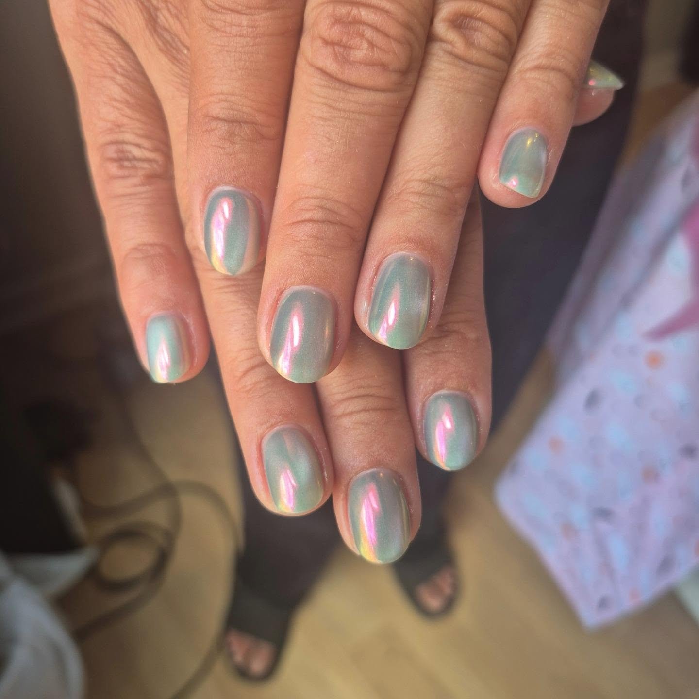 Long Almond Nails with Green and Blue Iridescent Glow