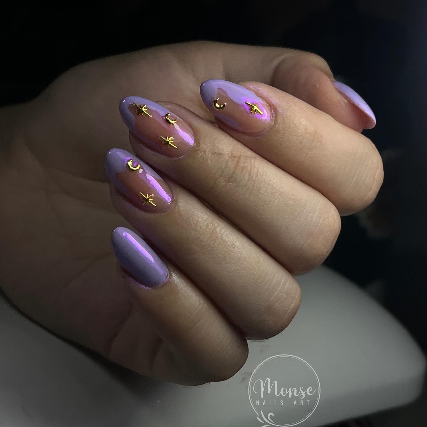 Short Almond Nails with Bright Pink and Purple Marble